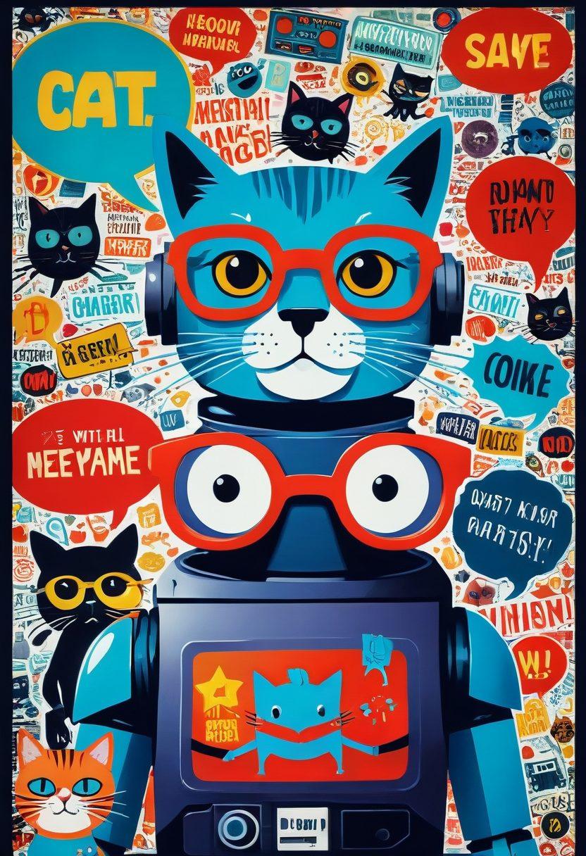 A whimsical collage illustrating iconic geeky quotes intertwined with popular internet memes, featuring vibrant characters like a robot, a superhero, and a cat in glasses. The background should be filled with colorful speech bubbles containing funny dialogues, set in a playful comic style. Elements like pixelated graphics and retro video game motifs can enhance the theme of humor and nostalgia. vibrant colors. comic art. playful style.