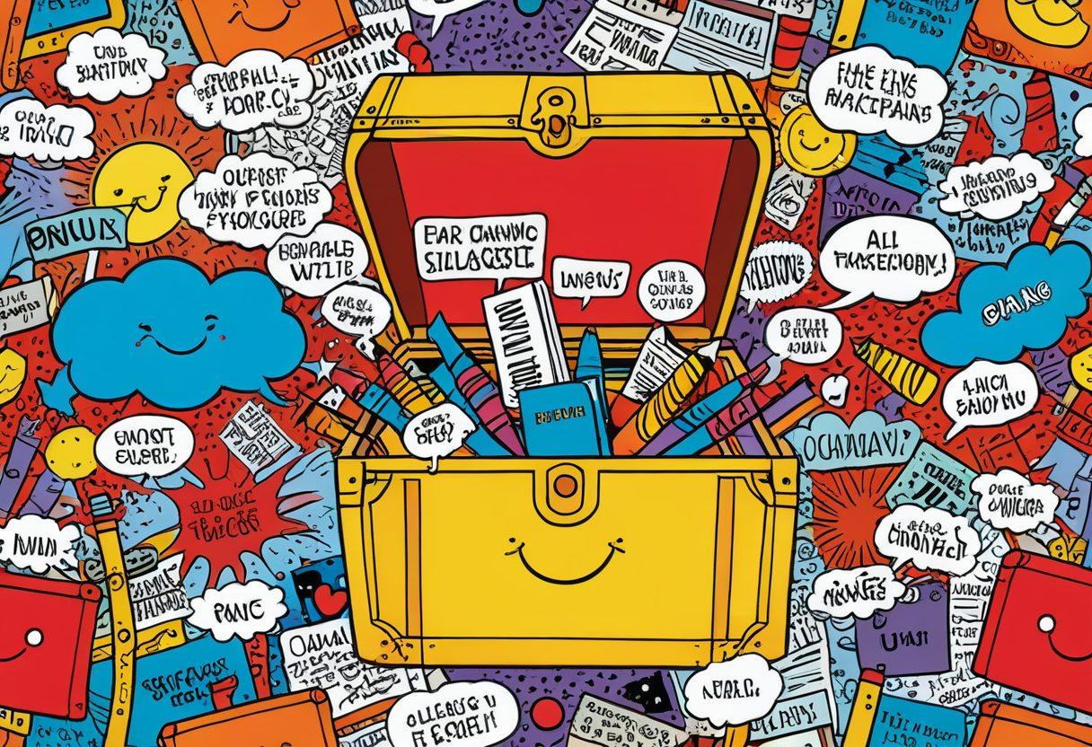 A whimsical treasure chest overflowing with colorful comic strips, each depicting pun-filled jokes and hilarious anecdotes. Surround the chest with playful cartoonish characters laughing, holding speech bubbles filled with clever wordplay. The background features a vibrant landscape filled with oversized, quirky objects like giant pencils and oversized books, all radiating joy and humor. cartoon style. vibrant colors. playful atmosphere.