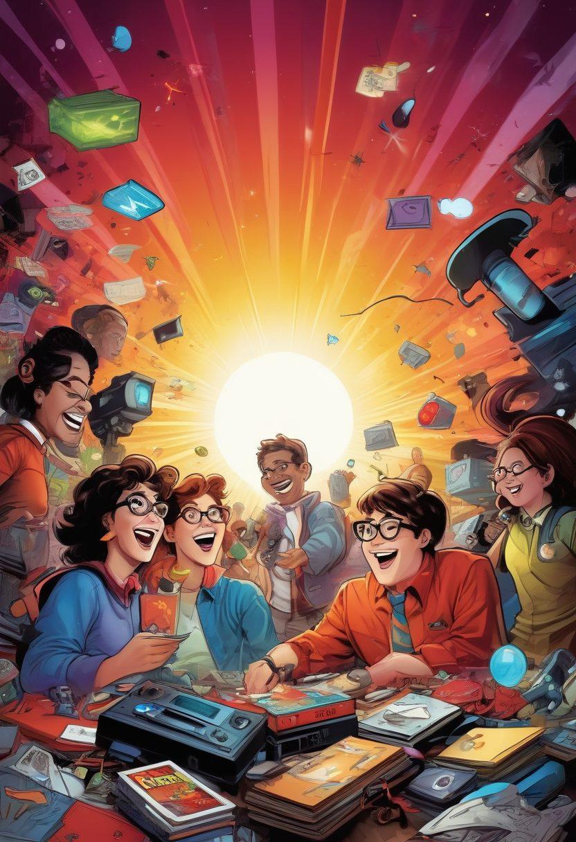A whimsical scene featuring a group of diverse cartoon nerd characters laughing heartily, surrounded by comic books, video game controllers, and science gadgets. Include speech bubbles with clever jokes and puns floating around them. The background should be a vibrant, colorful comic-style burst that evokes a sense of fun and humor. Capture an atmosphere of joy and camaraderie among nerd culture. vector art. vibrant colors.